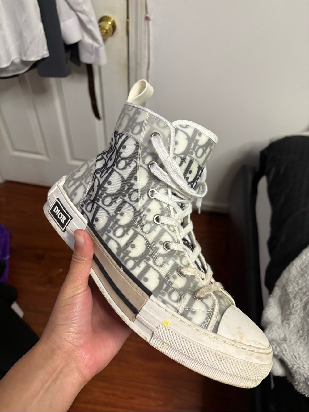 Dior High-Top Sneaker in White and Gray Monogram